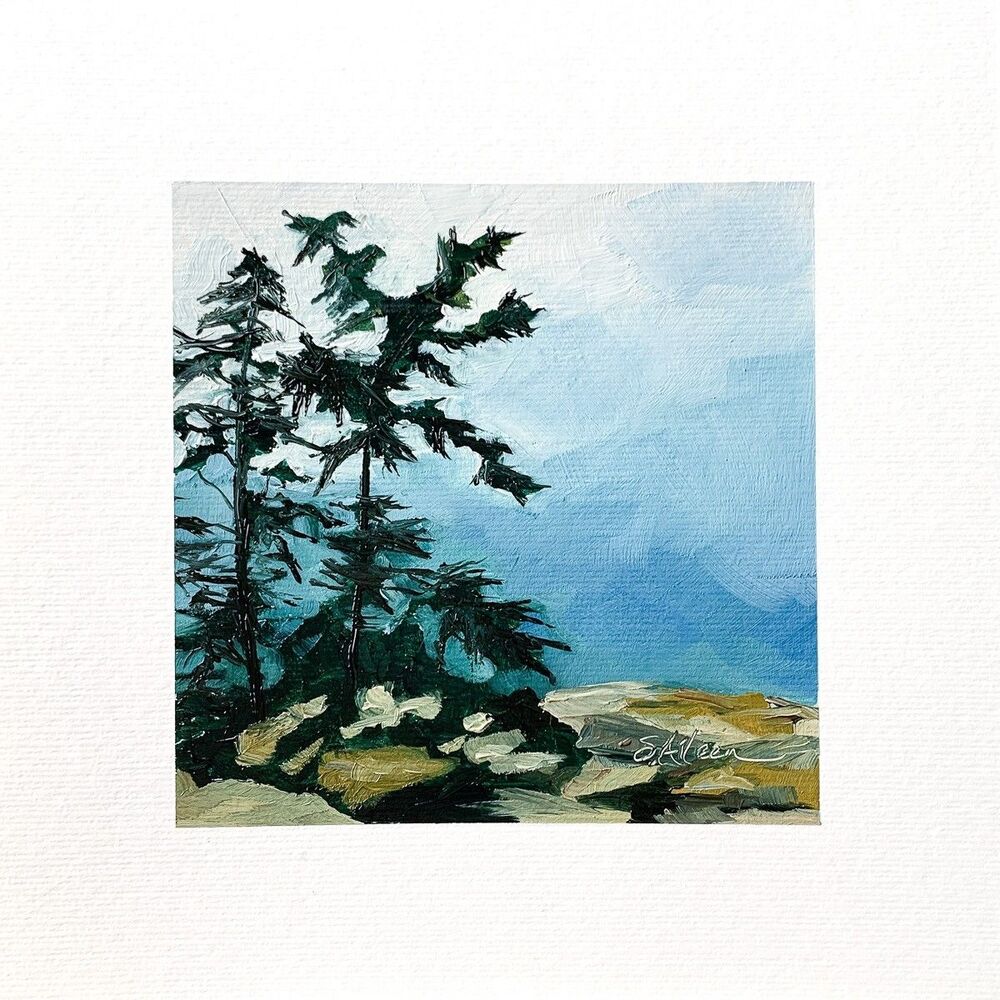 8x8 Maine Original Oil Painting Acadia Pine Trees Cadillac Mountain Moody Signed
